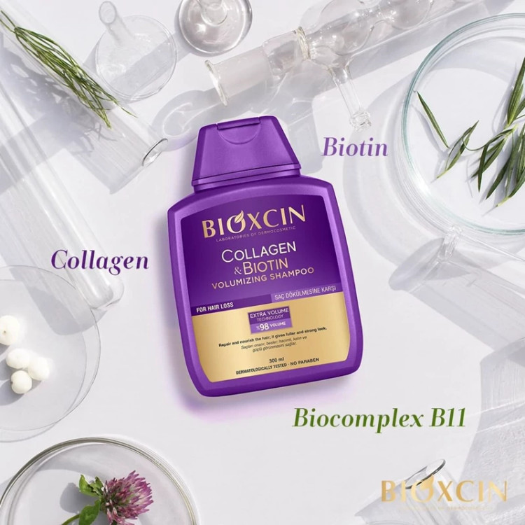شامپو گیاهی مدل حجم دهندهVOLUMIZING SHAMPOO ضد ریزش بیوتن و کلاژن بنفش اورجینال۳۰۰میل